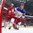 MINSK, BELARUS - MAY 20: Vitali Koval #1 of Belarus can't make the save on this play while Vladimir Denisov #7, Roman Graborenko #92 and Russia's Sergei Plotnikov #16 look on during preliminary round action at the 2014 IIHF Ice Hockey World Championship. (Photo by Andre Ringuette/HHOF-IIHF Images)

